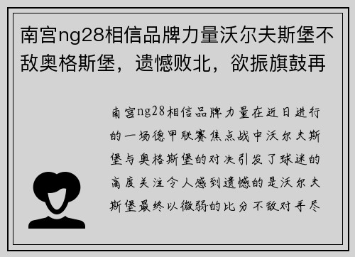 南宫ng28相信品牌力量沃尔夫斯堡不敌奥格斯堡，遗憾败北，欲振旗鼓再战！
