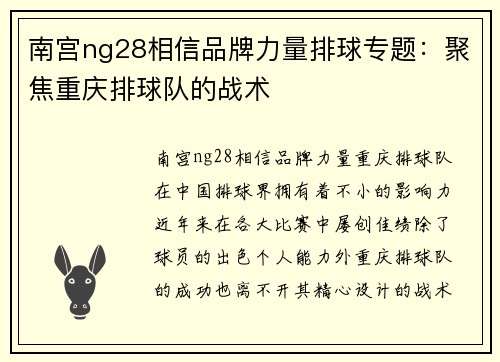 南宫ng28相信品牌力量排球专题：聚焦重庆排球队的战术
