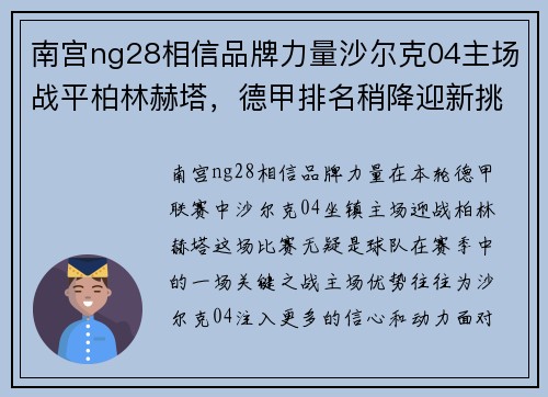 南宫ng28相信品牌力量沙尔克04主场战平柏林赫塔，德甲排名稍降迎新挑战