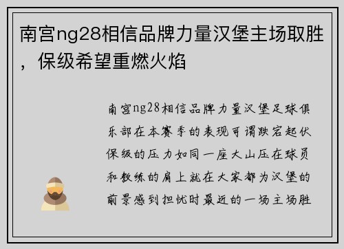 南宫ng28相信品牌力量汉堡主场取胜，保级希望重燃火焰