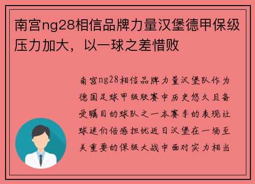 南宫ng28相信品牌力量汉堡德甲保级压力加大，以一球之差惜败